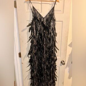 Black Feather Fringe long Dress with Metallic Accents